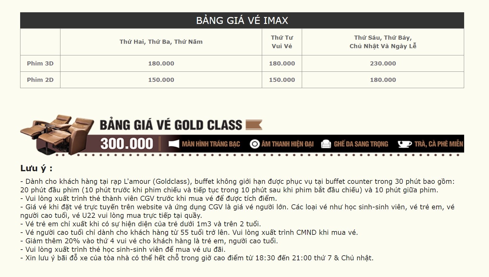 Bảng giá vé Imax và Gold Class