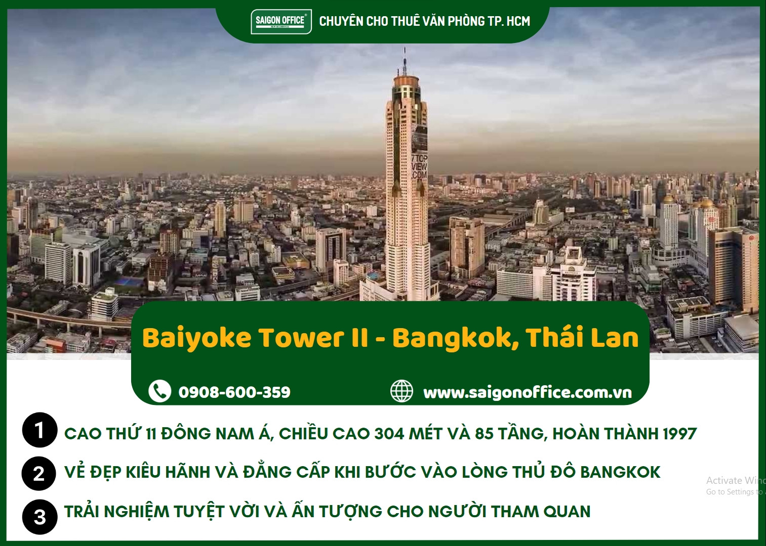 Baiyoke Tower II, khách sạn cao nhất Bangkok, nổi bật giữa cảnh quan đô thị Thái Lan