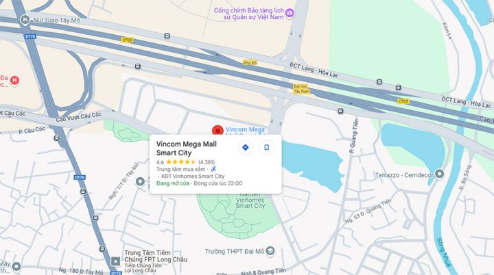 Bản đồ vị trí Vincom Mega Mall Smart City, trung tâm thương mại hiện đại không có rạp phim chuyên dụng.