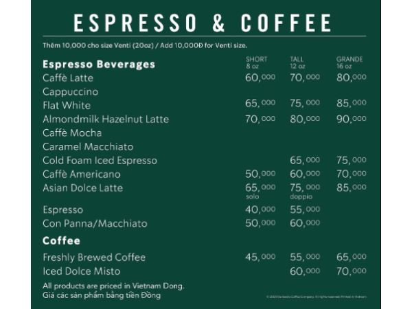 Bảng giá chi tiết các loại cà phê tại Starbucks Vincom Trần Duy Hưng