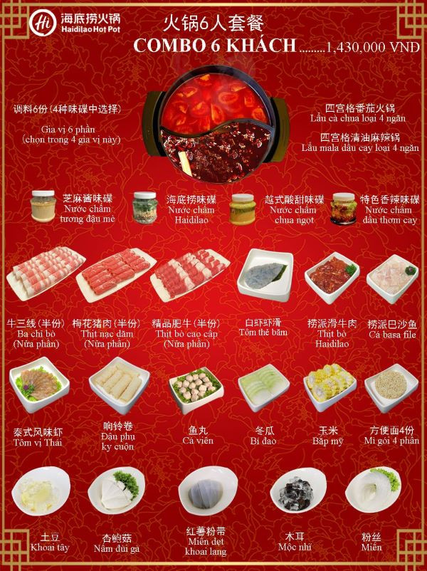Bảng giá chi tiết combo 6 khách tại nhà hàng lẩu Haidilao cơ sở Vincom Trần Duy Hưng