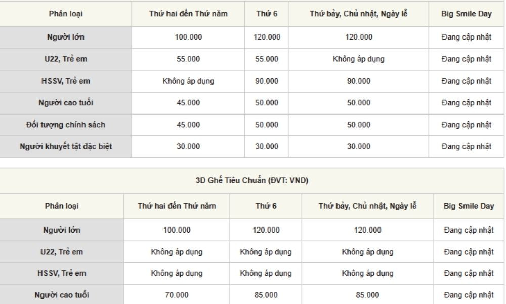 Bảng giá dịch vụ tại Lotte Cinema Thủ Đức