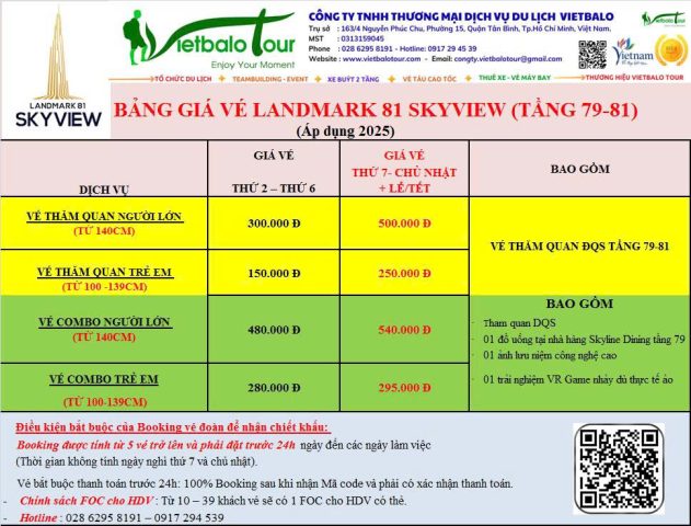 Bảng giá vé tham quan Landmark 81 Skyview cho năm 2025