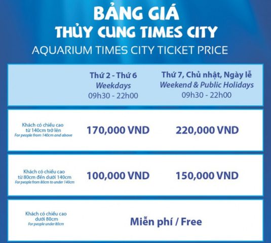 Bảng giá vé tham quan thủy cung Vinpearl Aquarium tại Vincom Times City