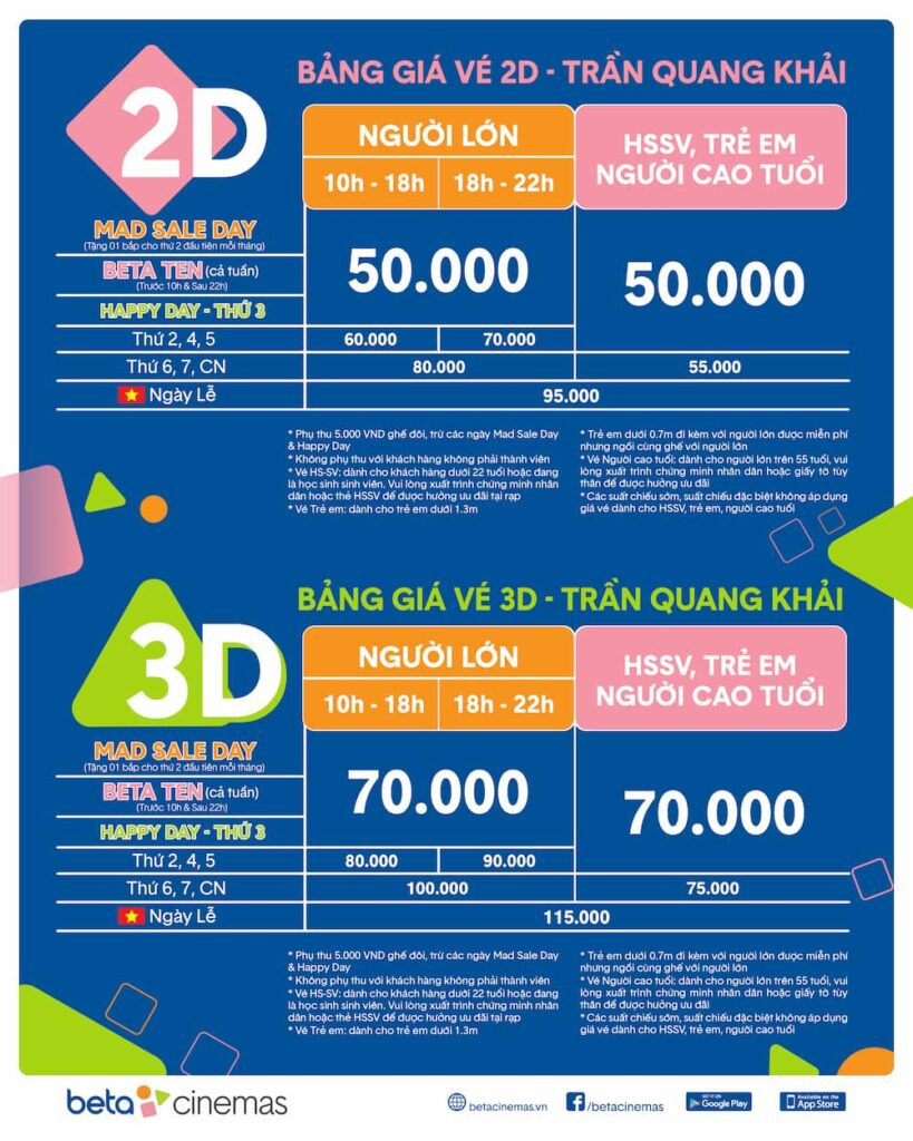 Bảng giá vé và thông tin lịch chiếu phim Beta Cinemas Trần Quang Khải