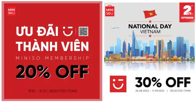 Bảng thông báo chương trình khuyến mãi và ưu đãi hấp dẫn tại một cửa hàng Miniso, thu hút khách hàng tìm kiếm giá tốt khi mua sắm tại Vincom Thảo Điền.