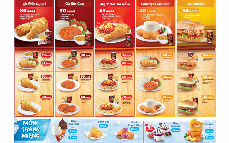 Bảng thực đơn Jollibee Nha Trang hiển thị các món gà rán, mì Ý Jolly Spaghetti và các combo hấp dẫn