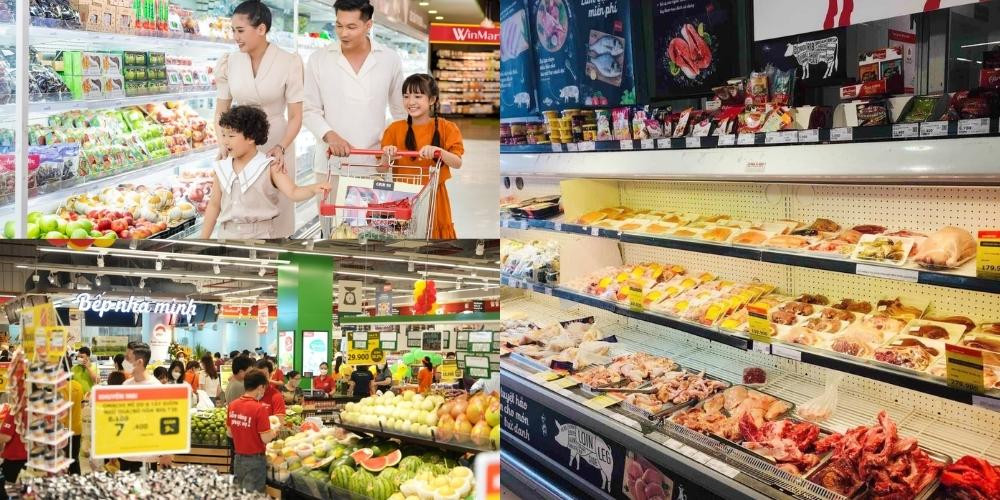 Bên trong siêu thị WinMart tại Vincom Plaza Phan Văn Trị với các kệ hàng thực phẩm tươi sống