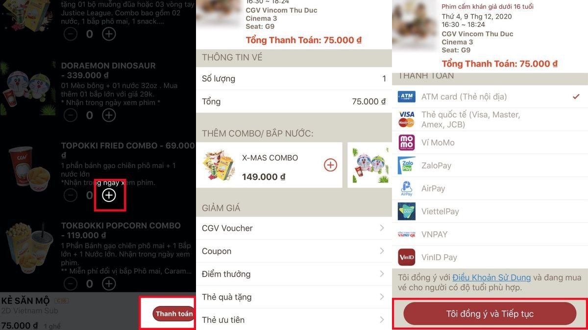 Chọn combo bắp nước và thanh toán vé CGV
