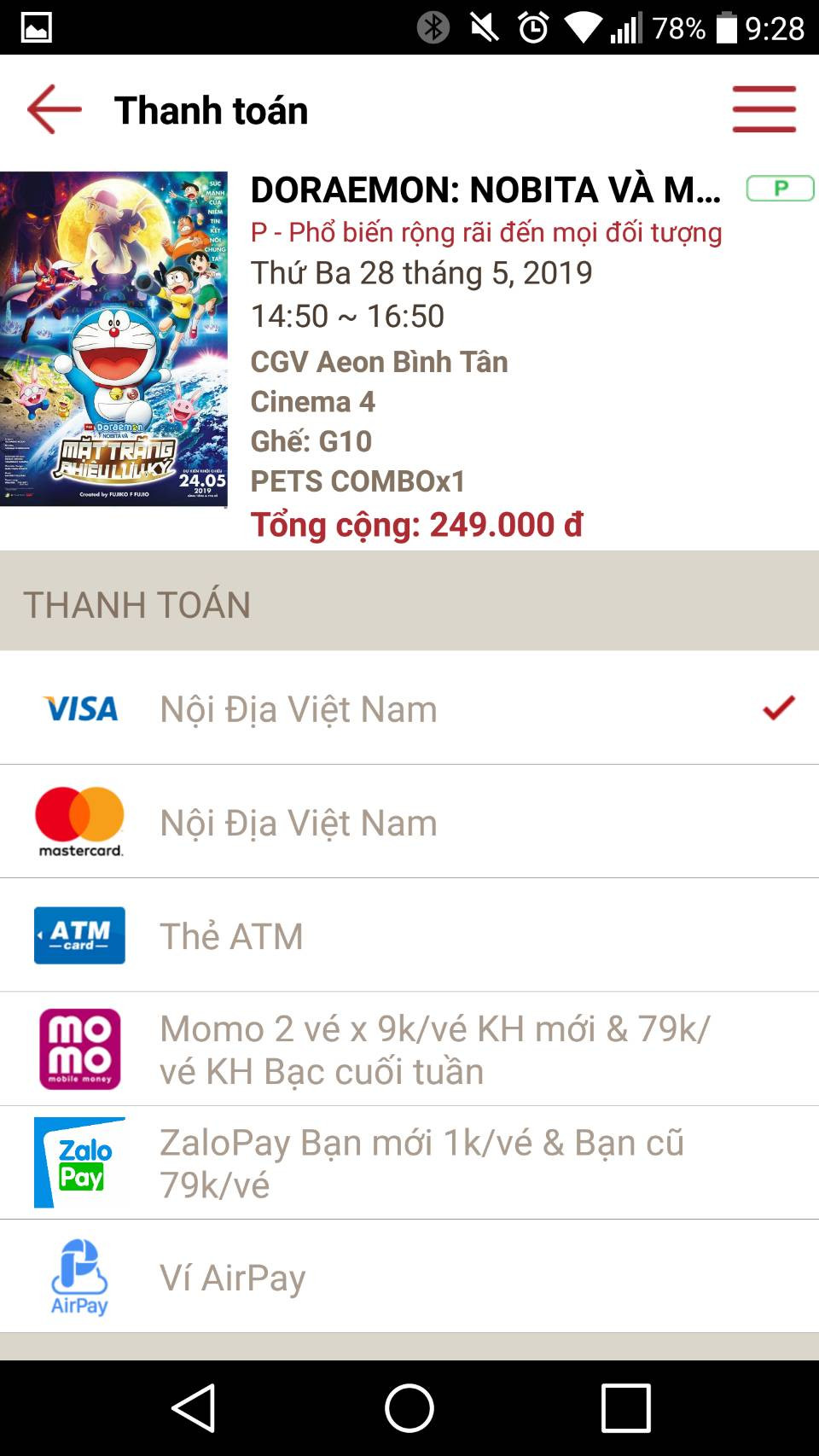 Giao diện thanh toán khi đặt vé xem phim Vincom