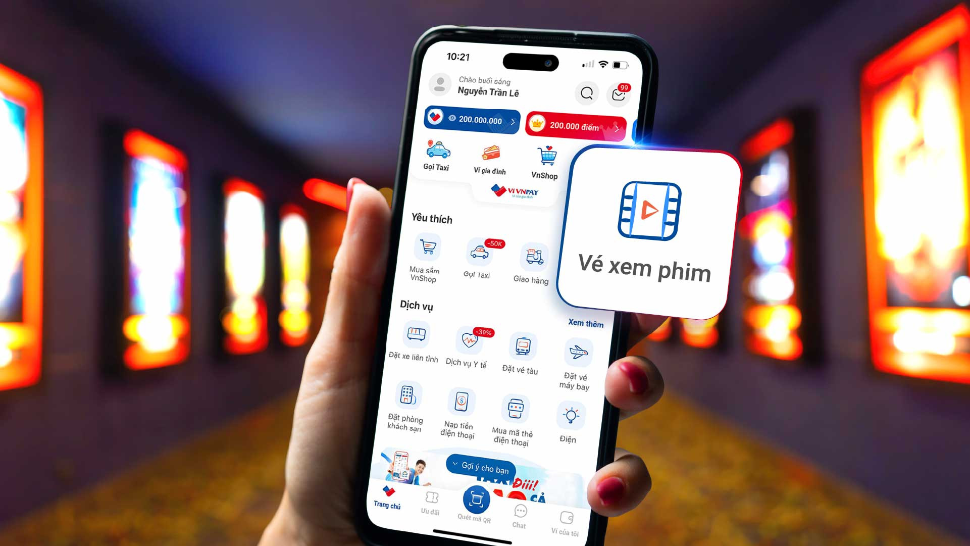 Giao diện ứng dụng VNPAY trên điện thoại di động để đặt vé xem phim ở Vincom nhanh chóng