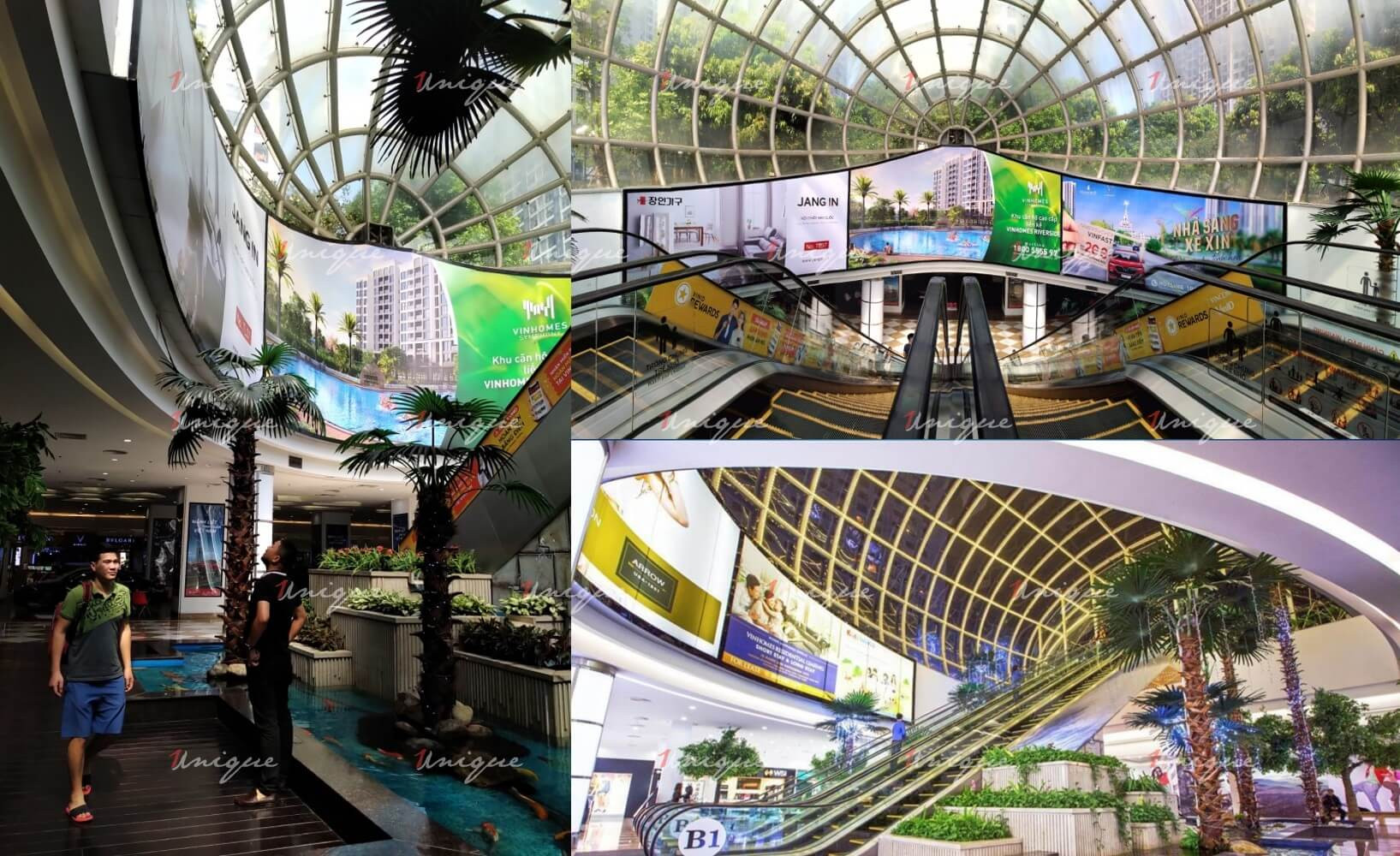 Góc nhìn đa chiều về màn hình LED quảng cáo tại Vincom Times City từ cầu thang cuốn và tầng B1