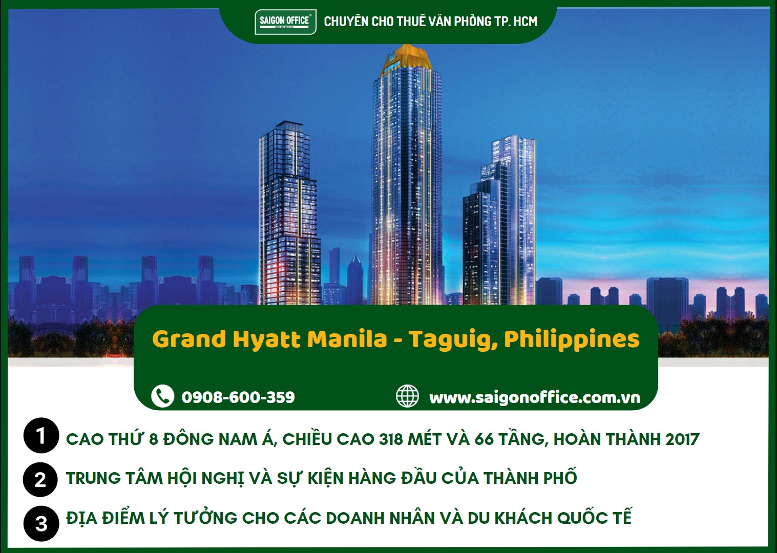 Grand Hyatt Manila, một trong những khách sạn cao cấp nhất Philippines, với kiến trúc ấn tượng