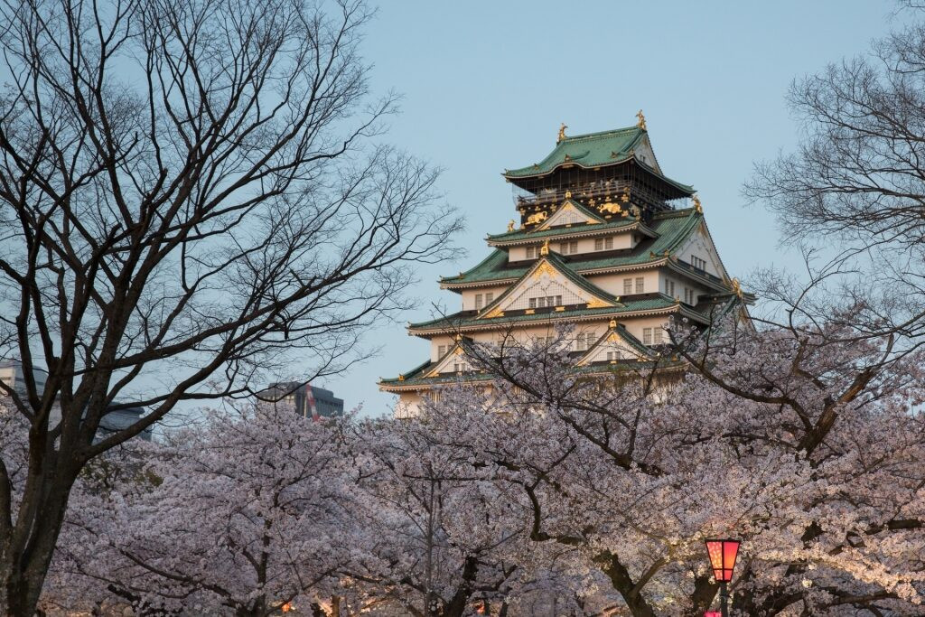 Lâu đài Osaka đẹp lộng lẫy vào lúc hoàng hôn, một địa danh nổi tiếng Nhật Bản