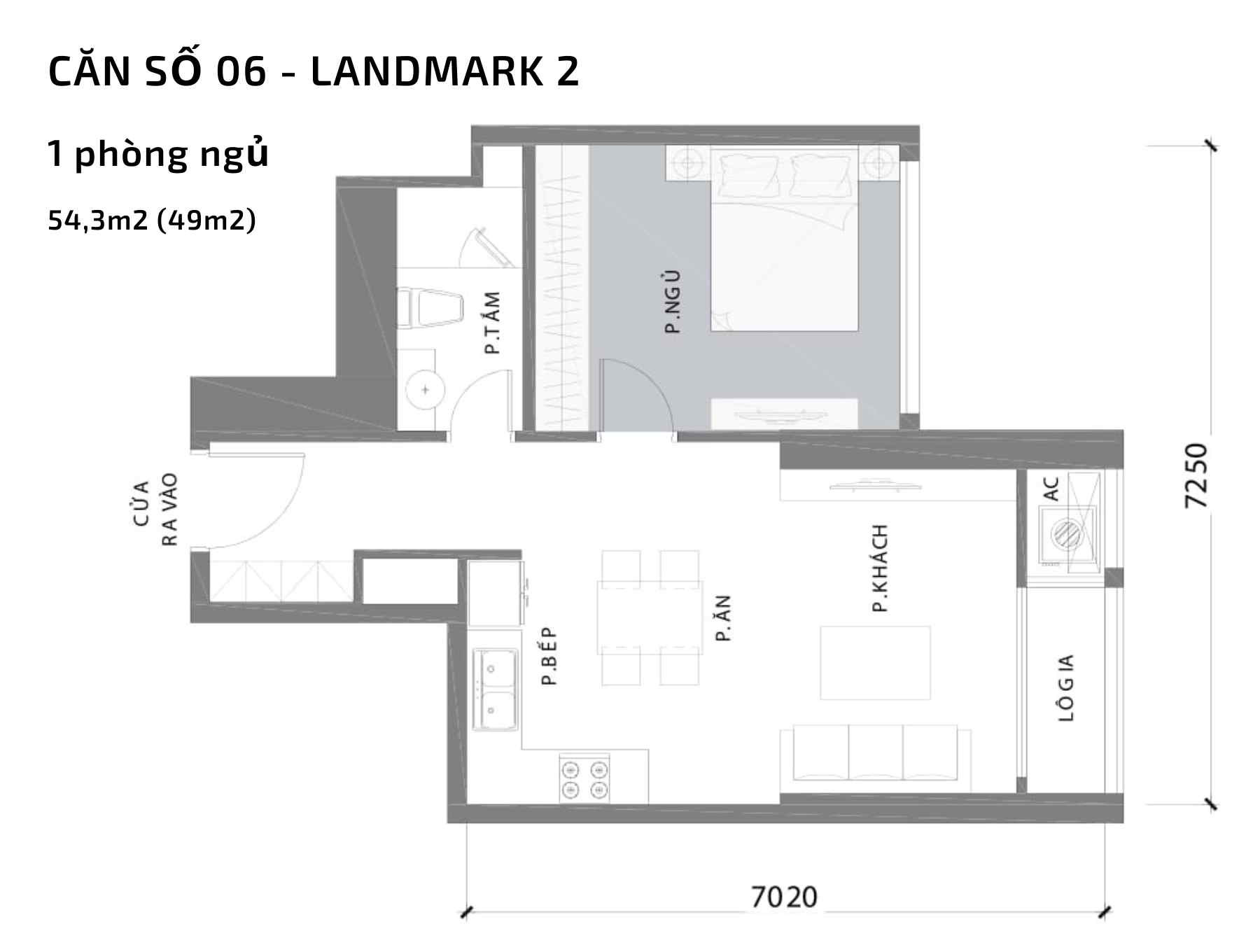 Layout căn hộ 1 phòng ngủ số 06 của Landmark 2, tối ưu diện tích và công năng sử dụng
