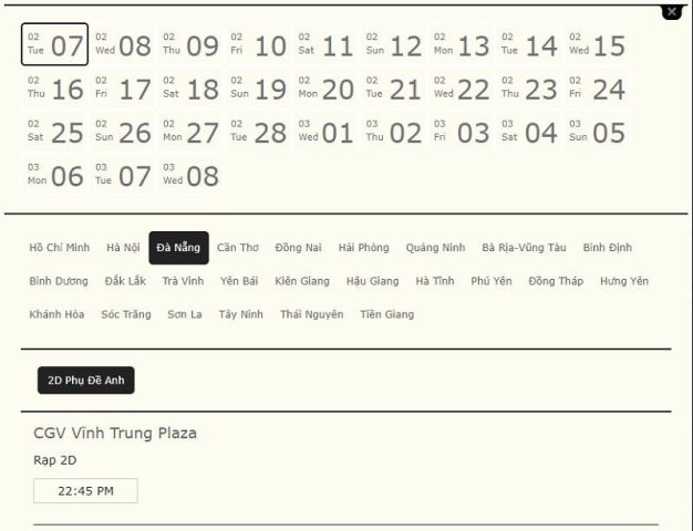 Lịch chiếu phim chung tại CGV Đà Nẵng