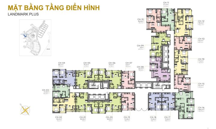 Mặt bằng điển hình căn hộ Landmark Plus 2 phòng ngủ tại Vinhomes Central Park