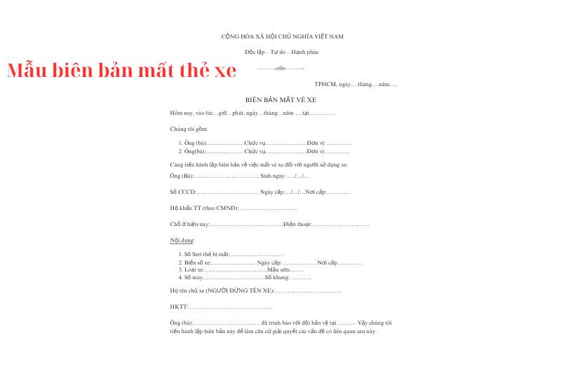 Mẫu biên bản ghi nhận việc mất thẻ giữ xe