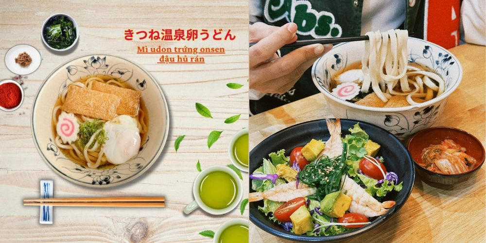 Mì Udon trứng Onsen đậu hũ rán tại Kyushu Udon Hitoyoshi