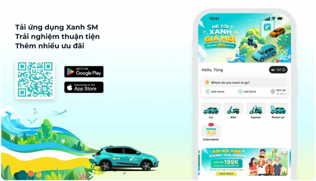 Minh họa ứng dụng đặt xe Xanh SM tiện lợi khi đến rạp chiếu phim trong Vincom