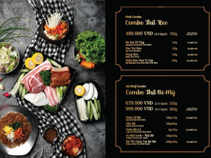 Một phần thực đơn đa dạng của Meat and Meet Vincom Đồng Khởi với các món nướng và lẩu