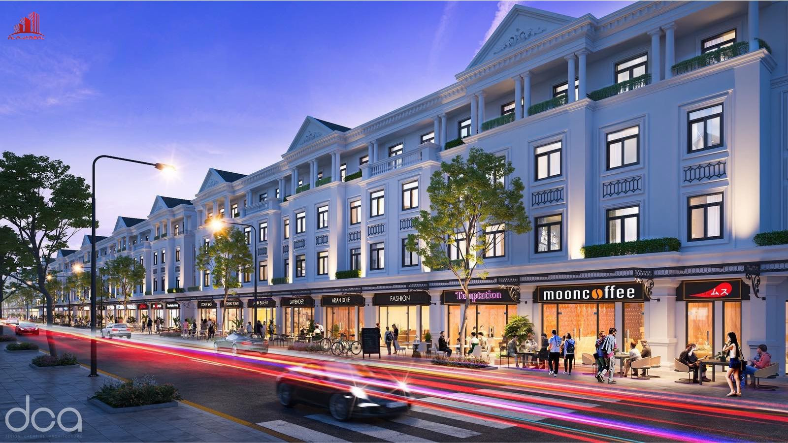 Phối cảnh khu đô thị Vincom Shophouse Royal Park tại Quảng Trị, với trung tâm thương mại và không gian xanh liền kề