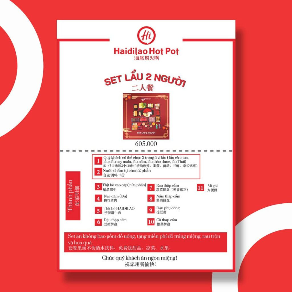 Set lẩu đôi tại Haidilao với các món ăn kèm hấp dẫn