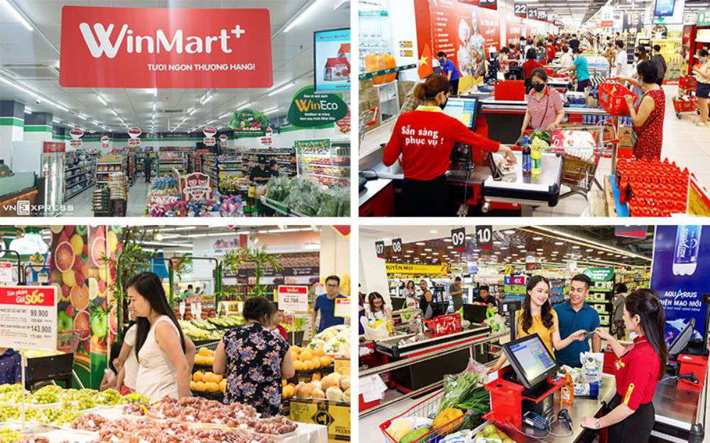 Siêu thị Winmart với các kệ hàng đầy ắp thực phẩm và đồ dùng gia đình, khách hàng đang lựa chọn sản phẩm