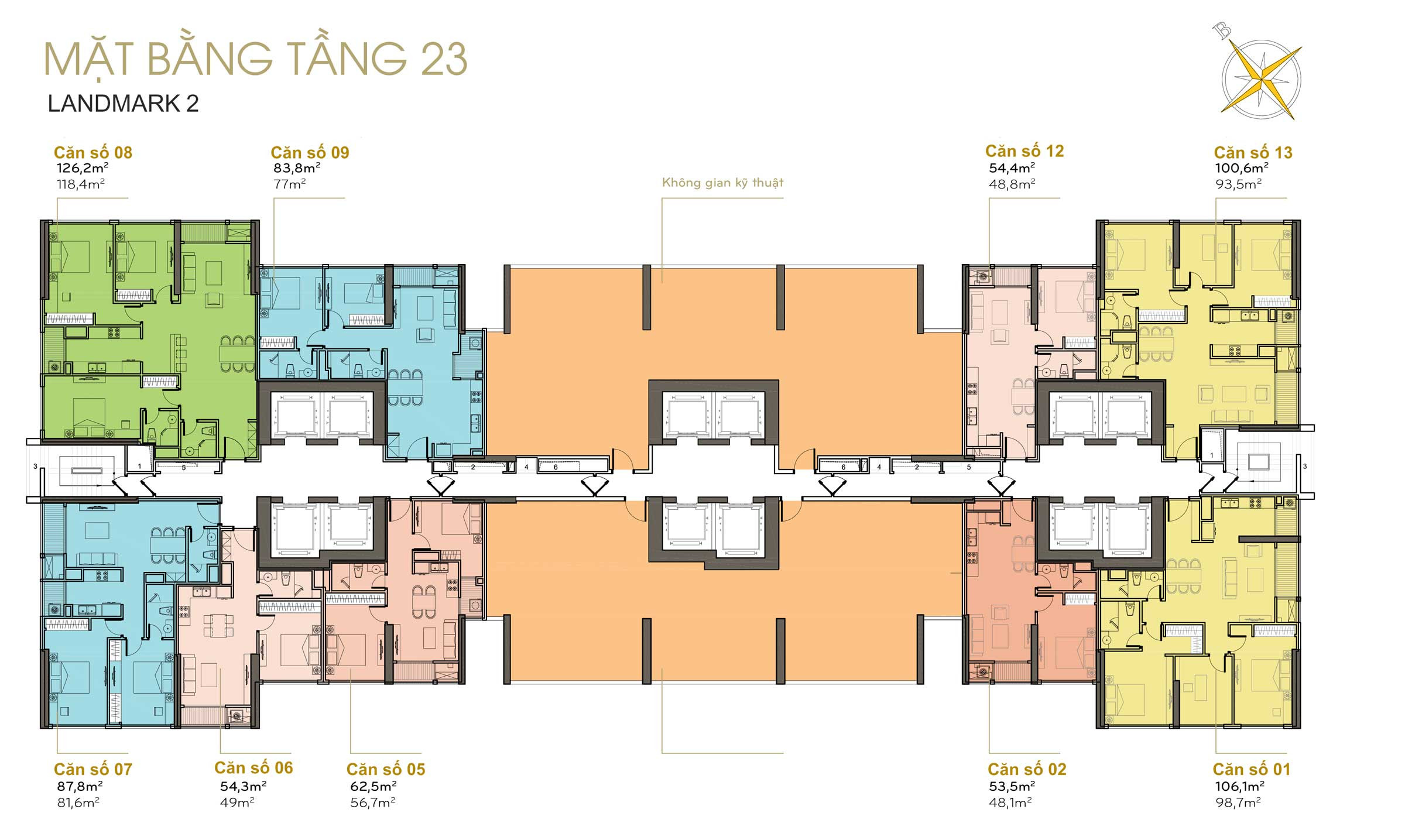 Sơ đồ mặt bằng tầng 23 của tòa nhà Landmark 2, bao gồm các căn hộ góc đặc biệt