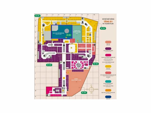 Sơ đồ mặt bằng tầng B1 của Vincom Mega Mall Royal City, hiển thị bố cục các khu vực mua sắm và giải trí sôi động