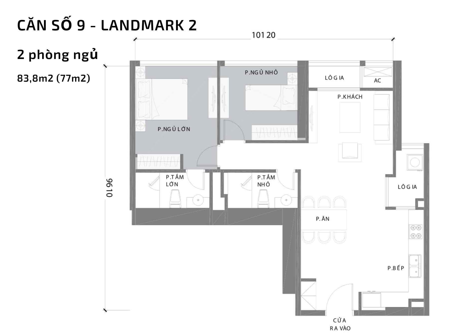 Thiết kế chi tiết căn hộ 2 phòng ngủ số 09 của tòa nhà Landmark 2 Vinhomes Central Park
