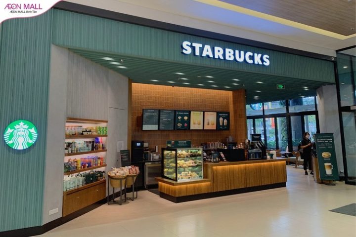 Thiết kế hiện đại và không gian rộng rãi tại Starbucks AEON Mall Bình Tân, một trong những chi nhánh nổi bật của chuỗi cà phê