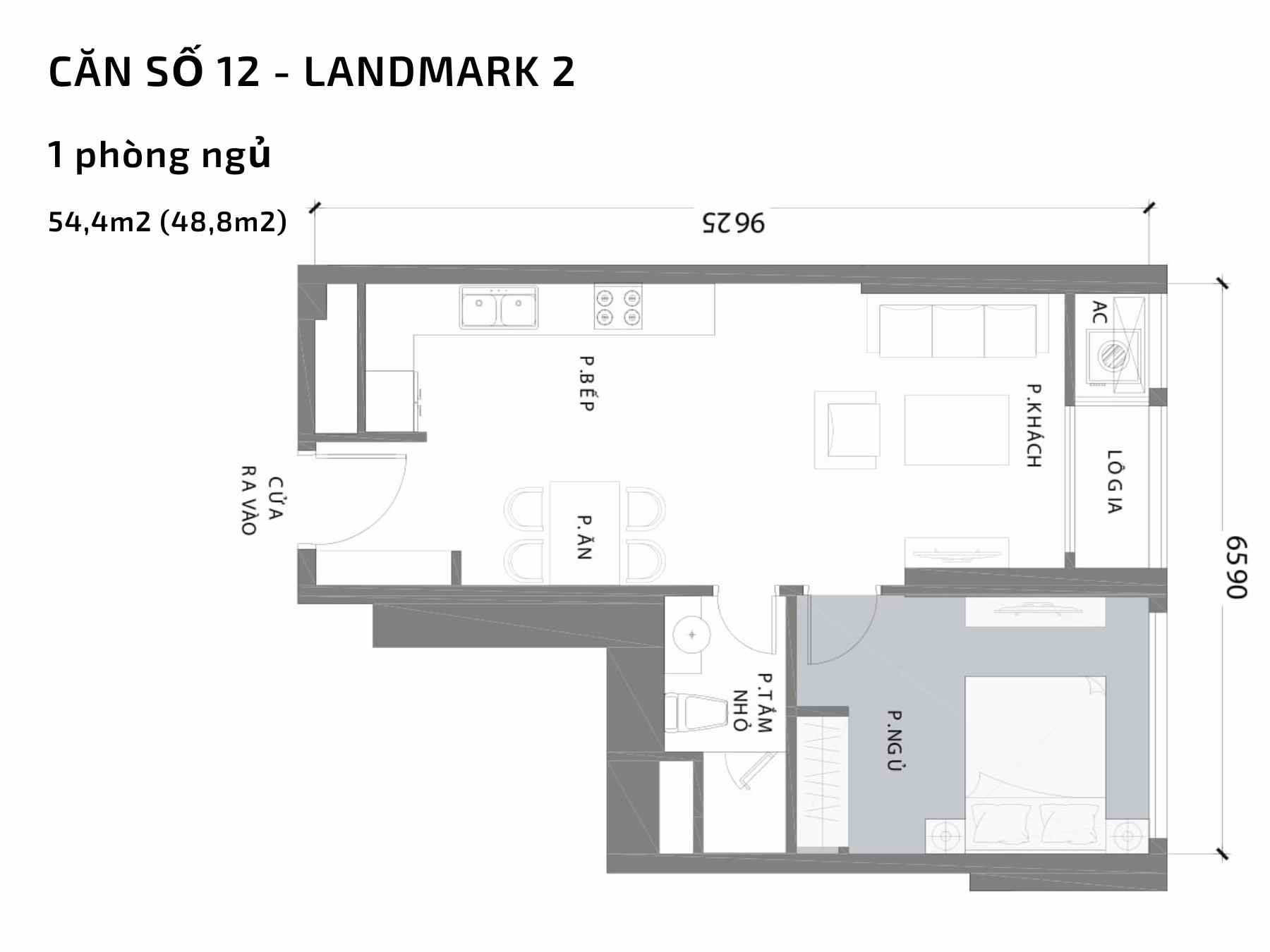 Thiết kế mặt bằng căn hộ 1 phòng ngủ số 12 tại tòa nhà Landmark 2 Vinhomes Central Park