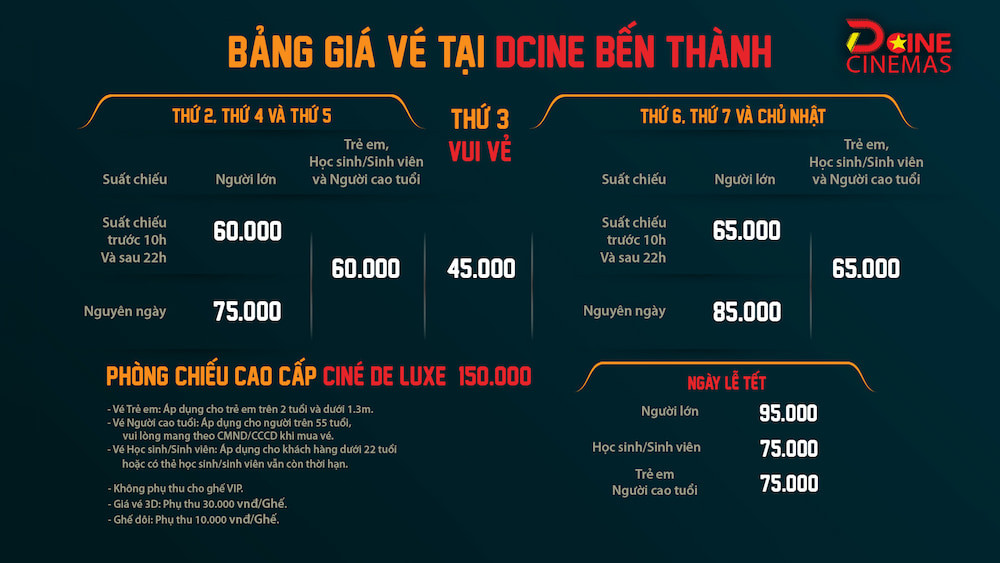 Thông tin bảng giá vé và lịch chiếu phim DCINE Bến Thành Quận 1