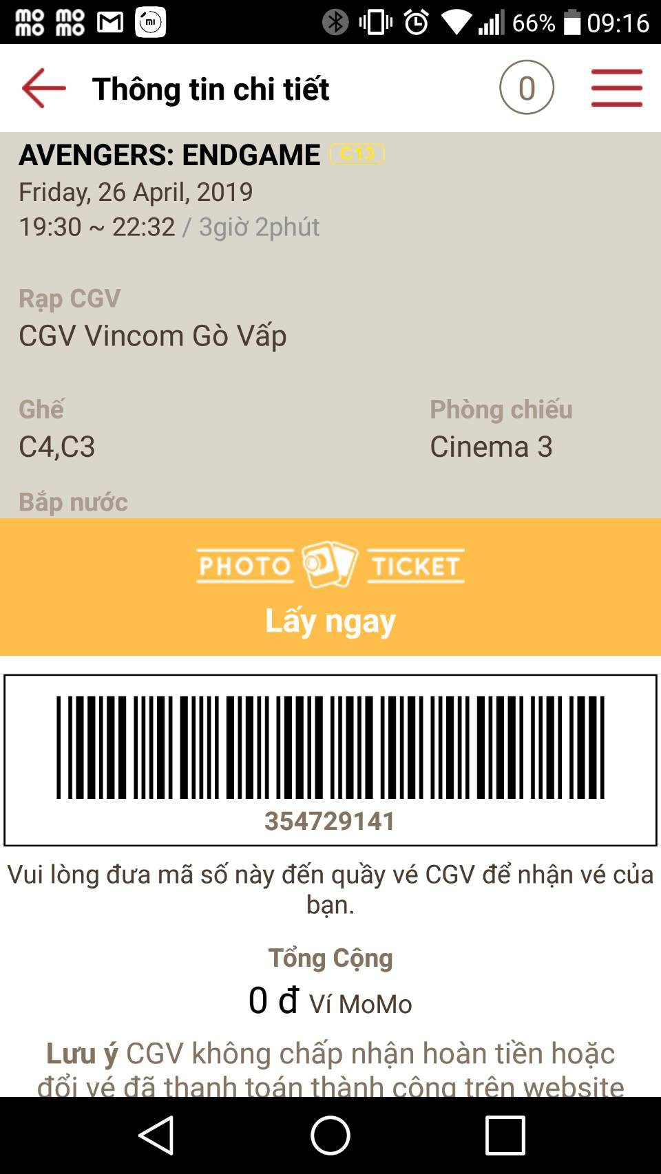 Thông tin vé xem phim đã đặt thành công