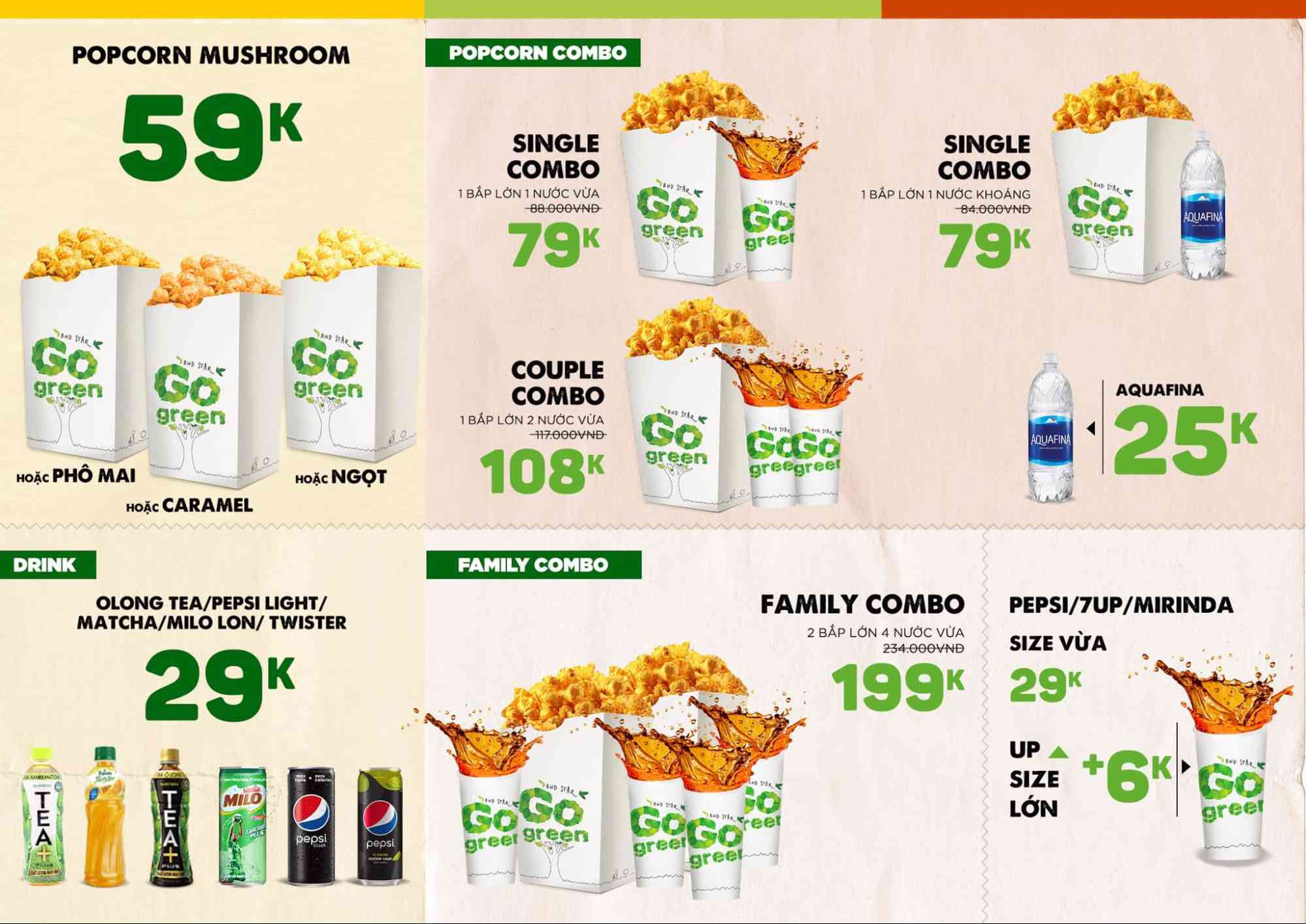 Thực đơn combo bỏng ngô và nước giải khát tại BHD Star Phạm Ngọc Thạch