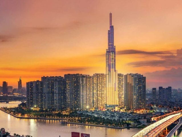 Toàn cảnh Landmark 81 Vinhomes Central Park và khu vực xung quanh từ trên cao, thể hiện sự phát triển đô thị.