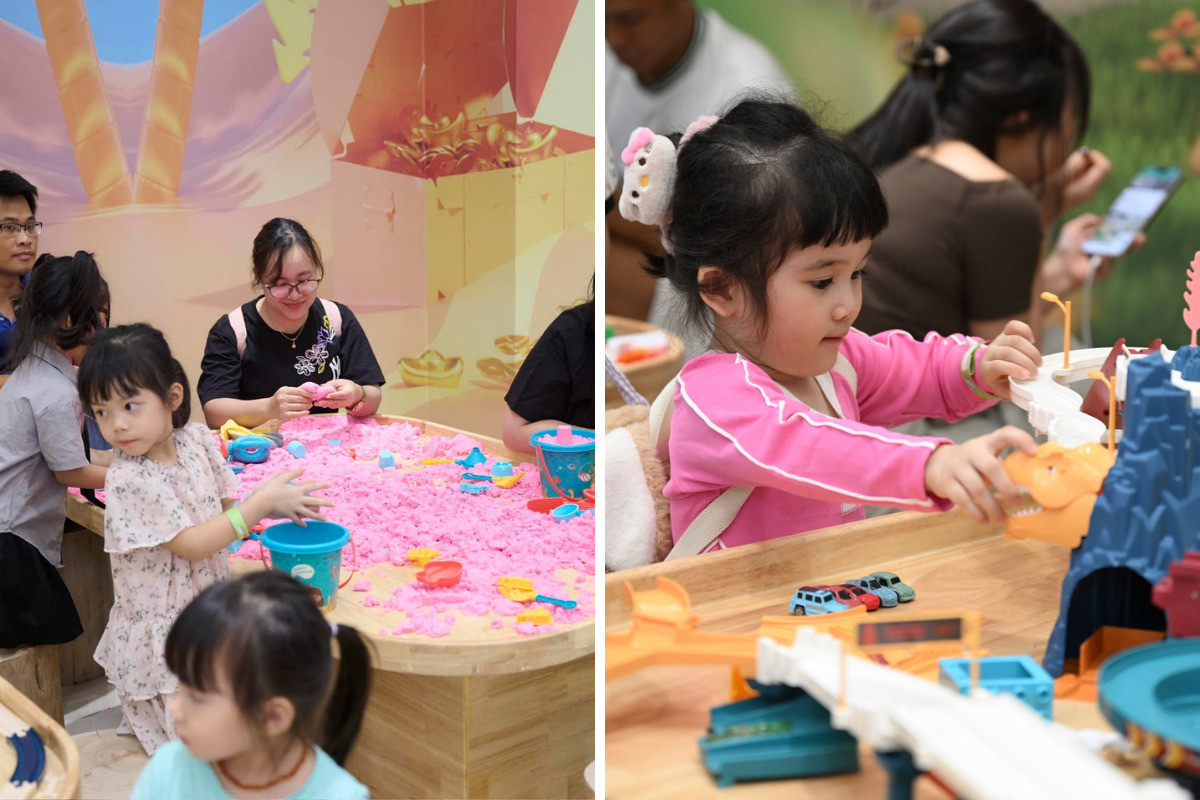 Trẻ em vui chơi với cát nặn và lego tại khu sáng tạo của vườn thú chú voi con Vincom Royal City