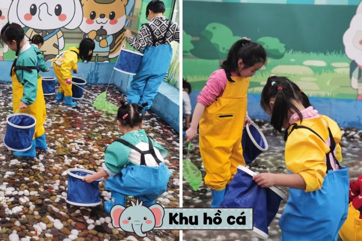 Trẻ em vui đùa trong khu hồ cá sắc màu tại vườn thú chú voi con Vincom Royal City