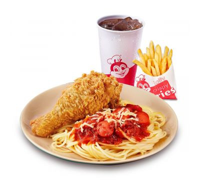 Combo Mì Ý Jolly cỡ vừa kèm gà giòn vui vẻ, khoai tây chiên và nước ngọt, một sự kết hợp hoàn hảo