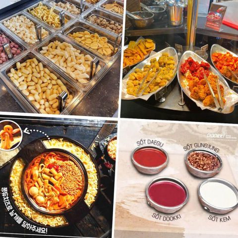 Hình ảnh Dookki Vincom Hạ Long với quầy buffet tokbokki và các món ăn kèm đa dạng