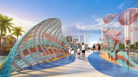 Khu vực tiện ích mặt nước với cầu ngọc trai lung linh tại Vinhomes Ocean Park 2, gần Vincom Mega Mall Ocean Park 2