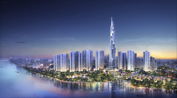 Phối cảnh kiến trúc độc đáo của The Landmark 81, thể hiện rõ cảm hứng bó tre truyền thống