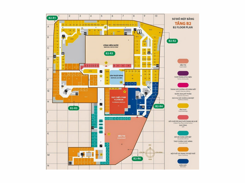 Sơ đồ chi tiết khu vực tầng B2 Vincom Mega Mall Royal City, hiển thị vị trí Lotteria và các điểm ăn uống khác