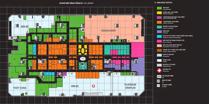 Sơ đồ chi tiết tầng B1 Vincom Times City với các khu vực chính
