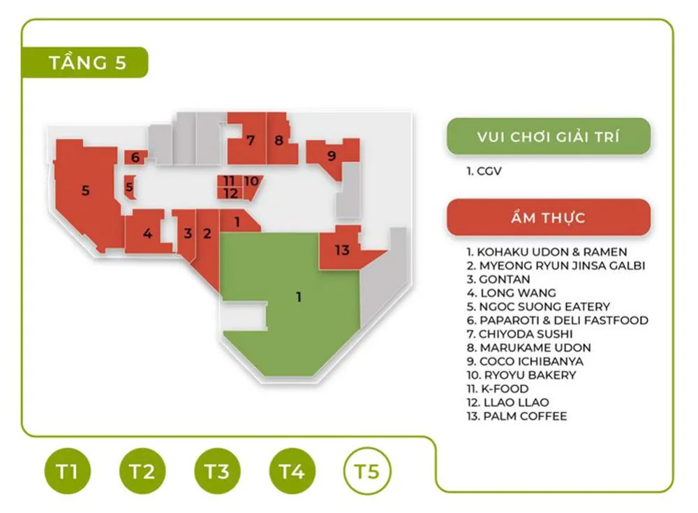 Sơ đồ tầng 5 của Vincom Mega Mall Grand Park, nơi có các khu vực giải trí đặc biệt và nhà hàng